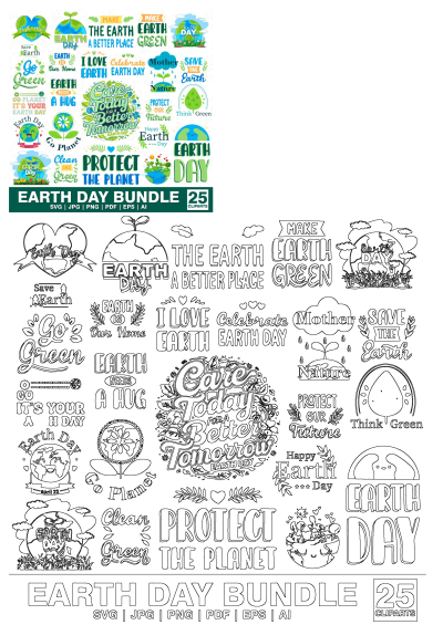Earth Day bundle of 25 green and blue vector cliparts with eco-friendly messages like Save Earth, Go Green, Protect Planet, and Earth illustrations.