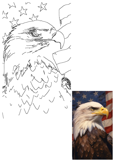 Line art drawing of a majestic bald eagle with its head turned to the side, standing before a backdrop of the American flag.