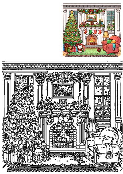 A festive Christmas living room, featuring a decorated tree, cozy fireplace with stockings, gifts, and an armchair, presented in color and as line art.