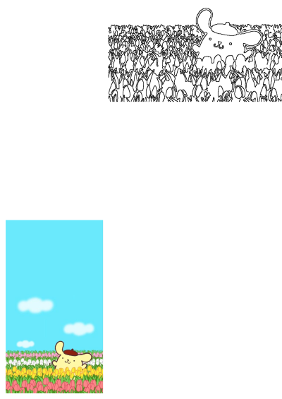 Pompurin peeks from a vibrant tulip field under a blue sky; this image also includes a black and white line art version.