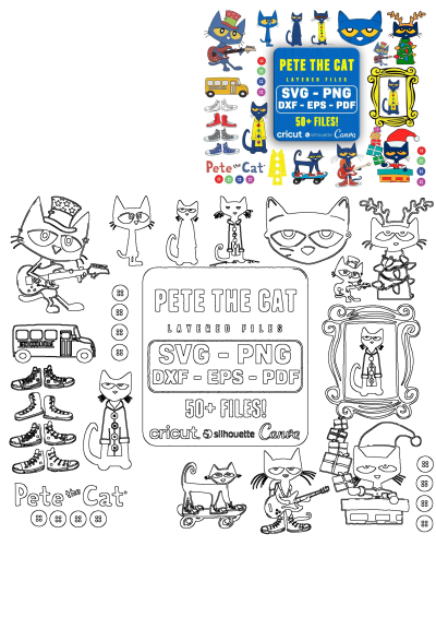 Pete the Cat layered SVG, PNG, DXF, EPS, PDF bundle featuring rocker, skateboarder, Christmas, bus, shoes. 50+ files for Cricut, Silhouette, Canva crafts.