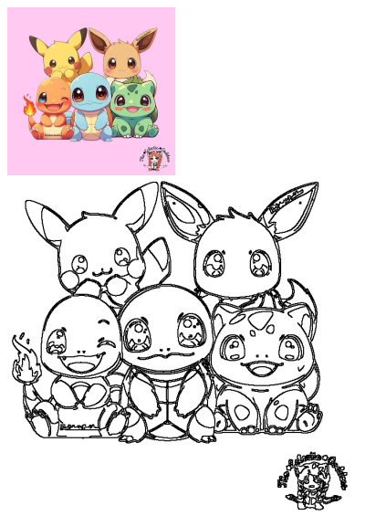Cute Pokemon characters Pikachu, Charmander, Squirtle, Bulbasaur, Eevee line art for coloring with a colorful reference.