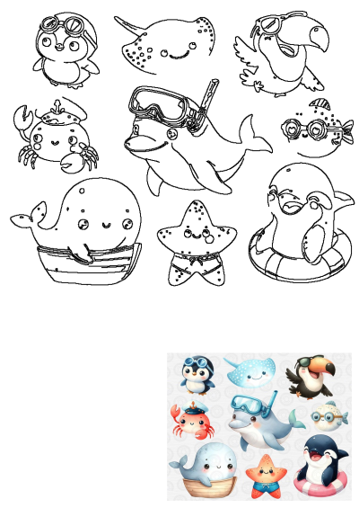 A delightful line art illustration featuring cute sea animals like a penguin, dolphin, whale, crab, stingray, and orca.