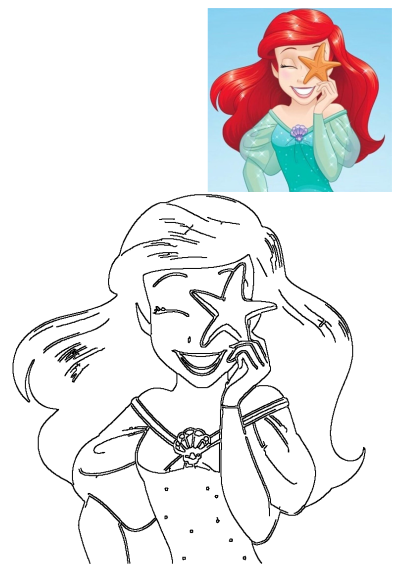 Ariel from Disney's The Little Mermaid, smiling happily as she holds a starfish covering one eye. Features vibrant color art and an outline.