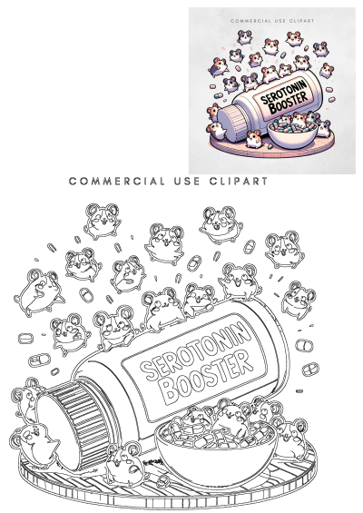 Cute cartoon mice playfully surround a Serotonin Booster bottle and scattered pills, presented in both vibrant color and outline styles.