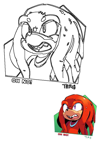 Knuckles the Echidna cartoon art capturing his 'Oh No!' distressed expression, presented in both black & white outline and vibrant color.