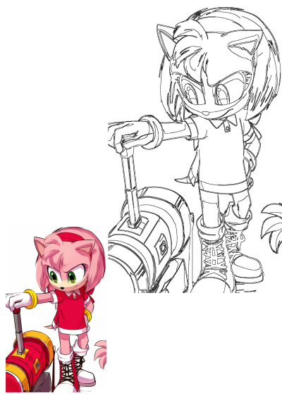 Amy Rose, the pink hedgehog from Sonic The Hedgehog, poses with her powerful Piko Piko Hammer. Features both a vibrant colored version and a clean outline.