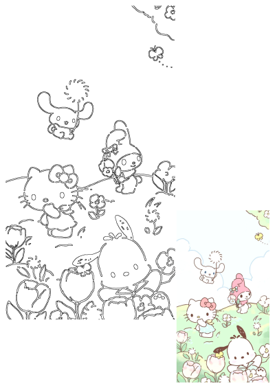 Kawaii Sanrio characters Hello Kitty, My Melody, Cinnamoroll, and Pochacco playing happily in a vibrant flower field.