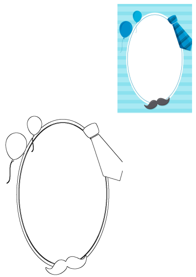 Fathers Day card frame template featuring a blue tie, balloons, and mustache on a striped background, with an outline version.