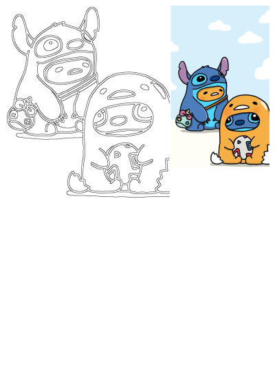 A colored illustration of cartoon characters Stitch and Gudetama sitting in a field under clouds, alongside a black and white outline.