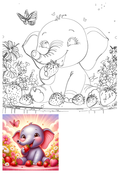 Adorable pink elephant happily eating strawberries on a pink tablecloth, surrounded by colorful flowers and a flying butterfly.
