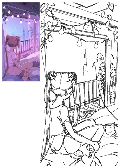 Sailor Moon relaxes on a cozy balcony adorned with string lights, admiring the Tokyo Tower view under a soft aesthetic sky.