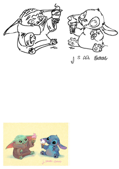 Adorable illustration features Baby Yoda (Grogu) and Stitch enjoying sweet ice cream treats, a charming scene for fans of both.