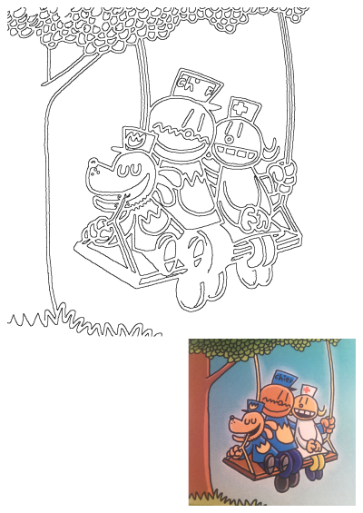 Dog Man, Chief, and the Nurse are happily cartoon characters on a tree swing in this black and white outline illustration.