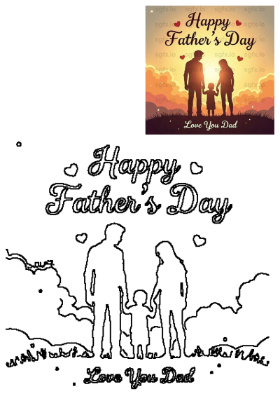 Happy Father's Day card features a family silhouette (dad, mom, child) holding hands at sunset with 'Love You Dad' text.