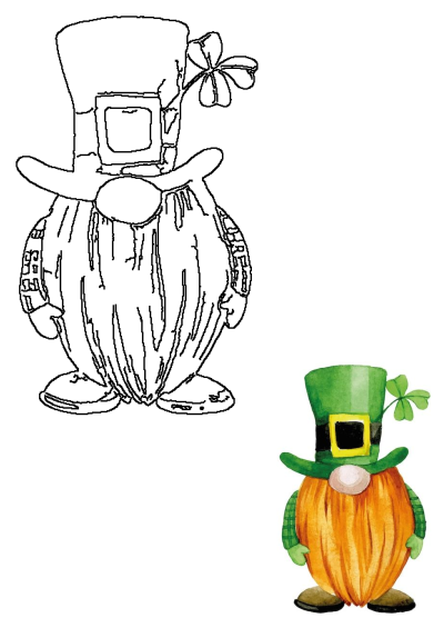 Festive St. Patrick's Day gnome watercolor leprechaun with shamrock; includes a matching black outline drawing.