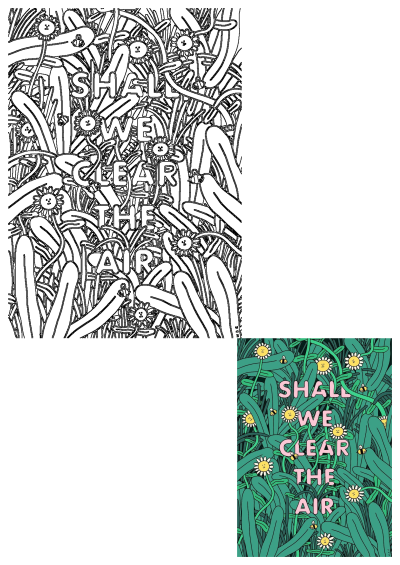 Whimsical 'Shall We Clear The Air' poster featuring smiling daisies, buzzing bees, and green grass. Includes a black and white outline.