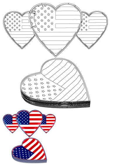 Patriotic heart-shaped American flag plates, presented as colorful party supplies and as black outline templates.