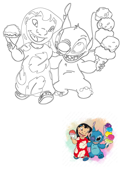 Lilo and Stitch cartoon outline image showing the duo happily holding ice cream cones. A sweet moment for fans of the characters.