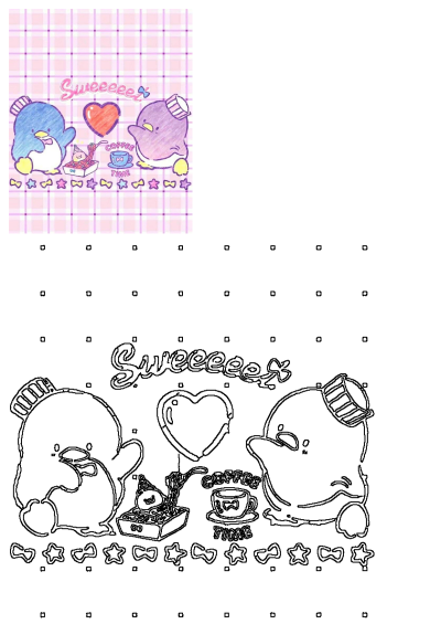 Adorable blue and purple cartoon penguins enjoying coffee and sweets, surrounded by hearts, bows, and stars on a pink checkered pattern.
