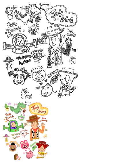 Toy Story character illustration with Woody, Buzz Lightyear, Rex, Jessie, Mr. Potato Head, Hamm, Lotso, and more, in outline and colored styles.