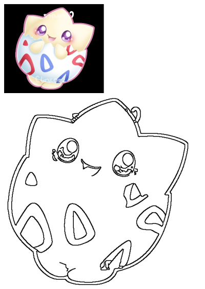 A cute Togepi Pokemon cartoon character hatching from its egg shell, shown in a colorful illustration and a black-and-white outline.