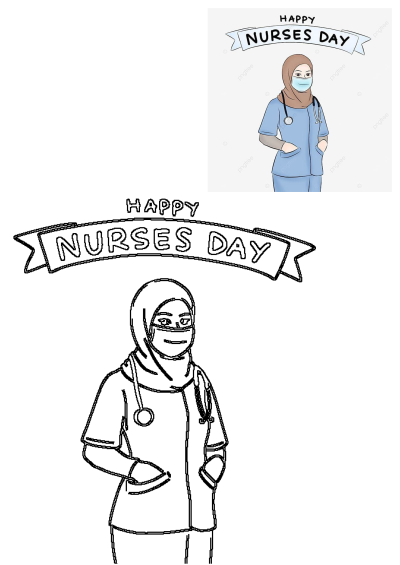 Illustration of a Muslim nurse in hijab, face mask, blue scrubs, and stethoscope for Happy Nurses Day, with an outline version.