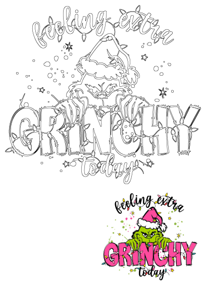 Feeling Extra Grinchy Today Grinch design featuring a Santa hat, bold pink and green text, and festive Christmas lights. Ideal for holiday fans.
