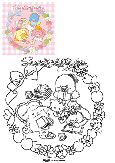 Sanrio characters in a charming floral circle with bows and apples, enjoying books, coffee, and donuts on a pink checkered background.