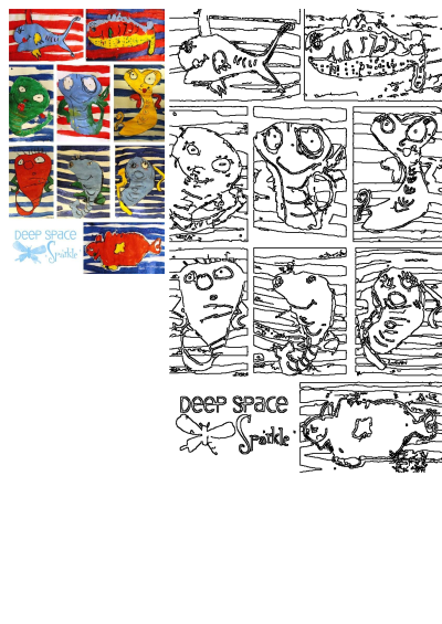 A vibrant collage featuring multiple whimsical fish drawings by kids from a Deep Space Sparkle art project, each unique and colorful.