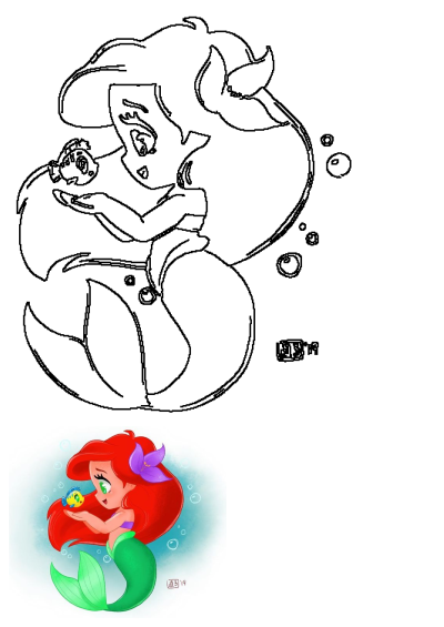Cute Disney's Ariel, the Little Mermaid, with red hair and green tail, gently holds her fish friend Flounder amidst bubbles.