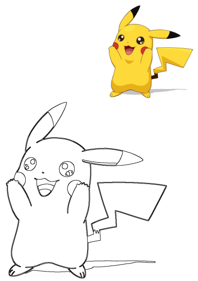 Vibrant cartoon Pikachu illustration and its clean black outline version, both showing the happy character with raised arms and visible legs, featuring its iconic lightning tail.