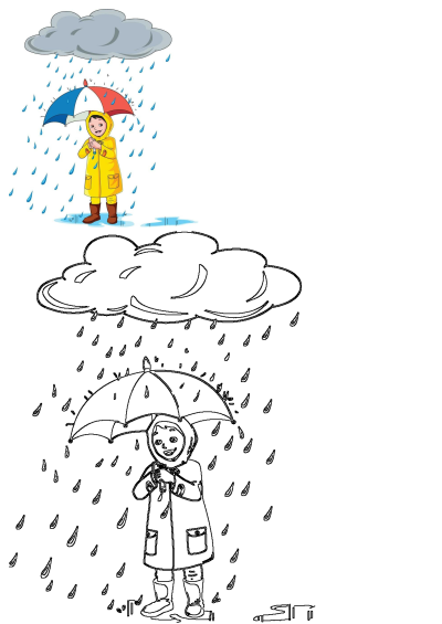 A cheerful cartoon child in a yellow raincoat and boots holds a colorful umbrella under a rain cloud. Also includes a black and white line art illustration.