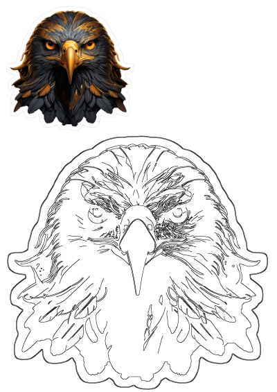 Eagle sticker with vibrant orange eyes and gold feathers, showcasing a majestic eagle head. Includes a black and white outline for coloring.