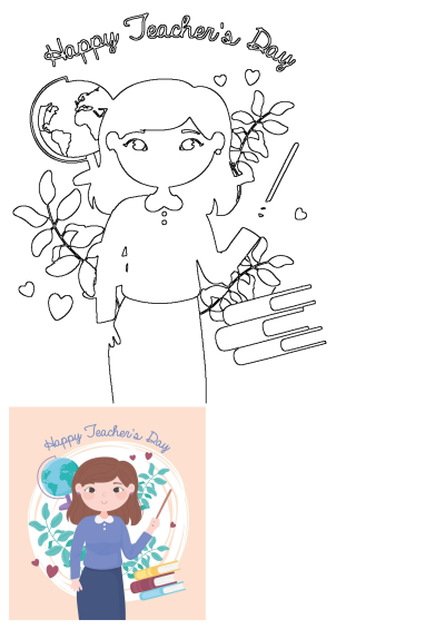 Happy Teachers Day illustration featuring a female teacher with a pointer, books, globe, and decorative leaves.