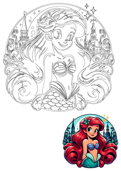 Detailed outline of Ariel, the Little Mermaid, with her flowing hair, seashell bra, and mermaid tail, against a fantasy cityscape.