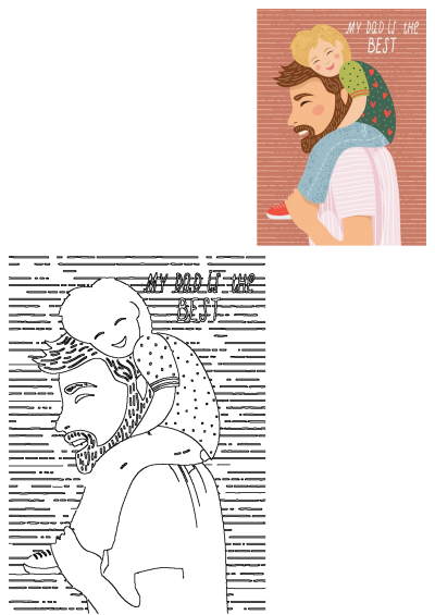 A vibrant Father's Day illustration of a dad giving his child a piggyback ride, plus a black and white outline for coloring, 'MY DAD IS THE BEST'.