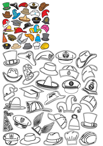 A diverse collection of various hats and caps, including cowboy, wizard, police, pirate, Santa, chef, and more, shown in both color and outline styles.