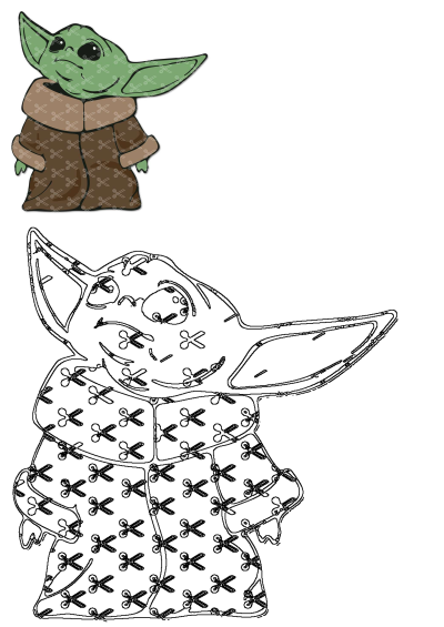 Child Yoda (Grogu) in his brown and green outfit from Star Wars, shown as a vibrant illustration and a clean line drawing.