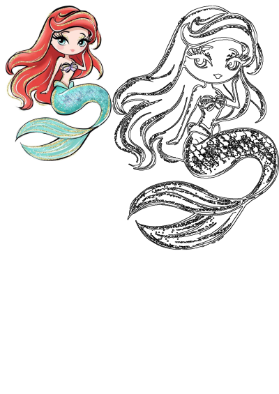 Chibi Little Mermaid Ariel with vibrant red hair and a shimmering blue tail sitting, featured as both a colorful artwork and a black line art drawing.