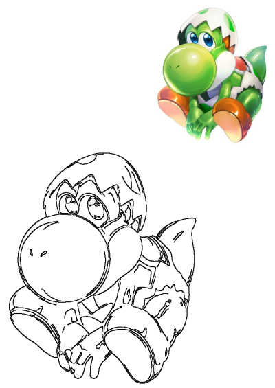 Yoshi hatching from an egg in vibrant Mario Kart cartoon style, with a corresponding black and white outline for creative coloring.