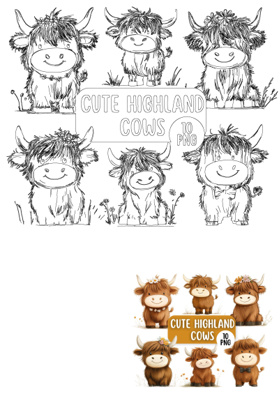 A charming collection of cute Highland cow PNG images, featuring both vibrant illustrations and detailed line art, ideal for products.