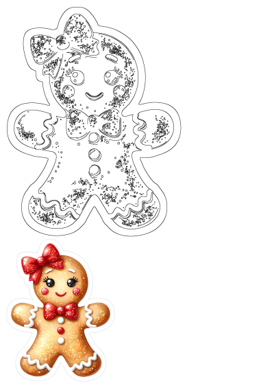 A cute gingerbread girl cookie with a red bow and icing, displayed alongside its black-and-white outline drawing for crafts or activities.