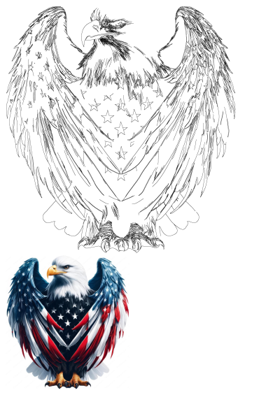 Patriotic bald eagle art with American flag details, showcasing a vivid illustration and a black-and-white sketch.
