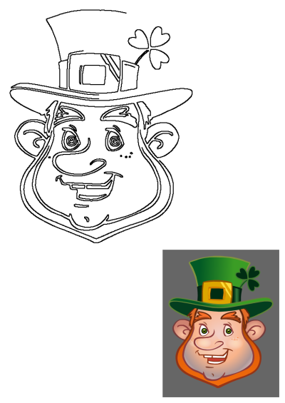 A cheerful cartoon leprechaun face with a green top hat and shamrock, perfect for St. Patrick's Day. Features both a colored and outline version.