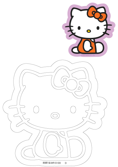 Hello Kitty sticker with an orange bow and dress, highlighted by a purple outline, alongside a matching digital cut file template.