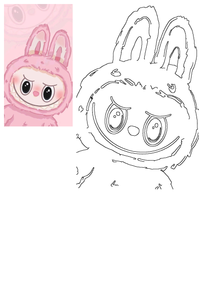 A cute pink bunny character illustration featuring big eyes, rosy cheeks, and a smile, with an accompanying outline drawing.
