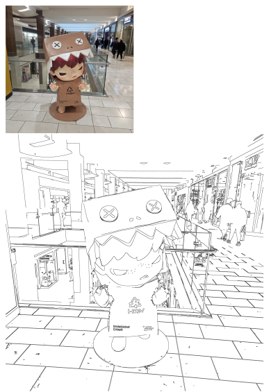 A unique 'Dangerous Cargo' character statue featuring a brown box-head figure with red hair and a pouty face, displayed in a busy mall.