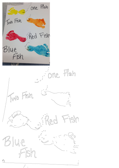 Footprint fish craft: yellow, orange, red, blue fish with faces, labeled 'One Fish, Two Fish, Red Fish, Blue Fish'. Dr. Seuss inspired.