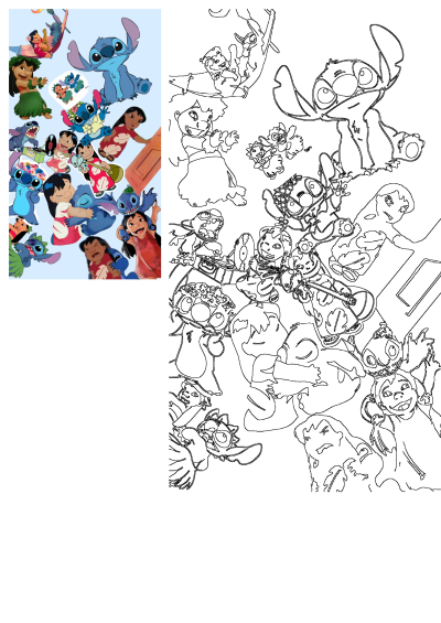 A vibrant collage of Lilo and Stitch, capturing their playful flying adventures, hula dancing, ukulele playing, and warm embraces.